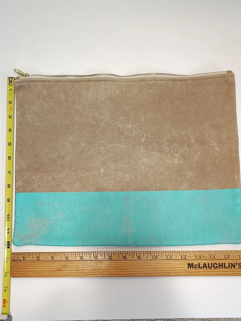 American Apparel Upcycled Leather Clutch Beige and Turquoise Zip Pouch